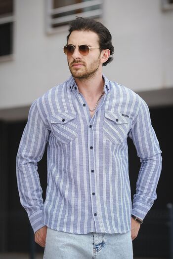 Oksit Yx 16794 Slim Fit Double Pocket Covered Striped Men's Shirt