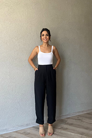 Seda Yalçın Atelier Black Striped Trousers with Layered Legs