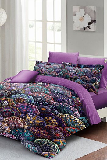 MonoHome Ethnic Purple 3d Pamuk Saten Çift Kişilik Nevresim Takımı