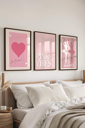 Postifull Pink Painting Set,3 Pcs Black Frame and Poster - Decor for Bedroom, Kitchen, Living Room Wall Decor
