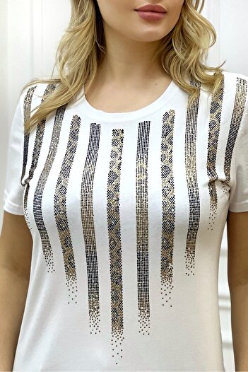 RICH GLAM Γυναικείο μπλουζάκι Leopard Crystal Stone με κοντό μανίκι Crew Neck Plus Size Cotton White