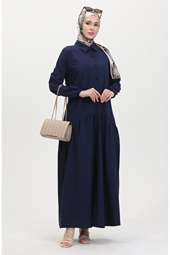 sefamerve Navy Blue Gathered Buttoned Dress - 0449-03