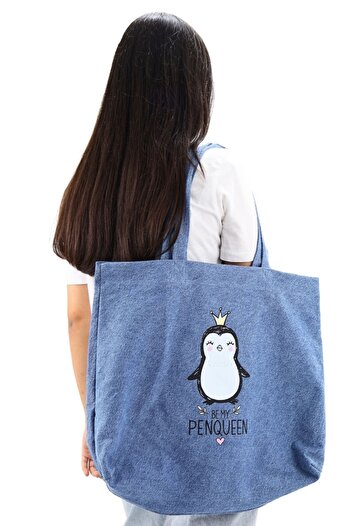 ICONE BAG Bez Kadın Çantası, Geniş Hacimli, Kot & Denim Penguen Baskılı El ve Omuz Bez Çanta