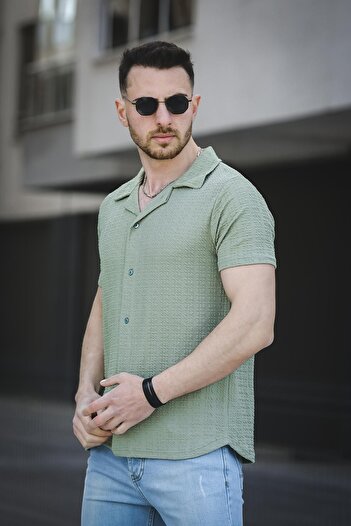 Oksit Ares Textured Slim Fit Full Lycra Short Sleeve Open Collar Men's Shirt