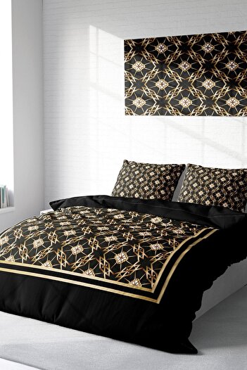 PerlaSera 3D Custom Design - Double Cotton Satin Duvet Cover Set, Gold Deco