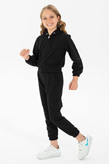 zepkids Hooded Long Sleeve Black Color Girl's Tracksuit Set