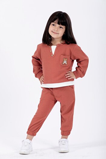 zepkids Girl - Brick Colored Crew Neck Long Sleeve Tracksuit Set, Embroidered Garnished Waist Packet