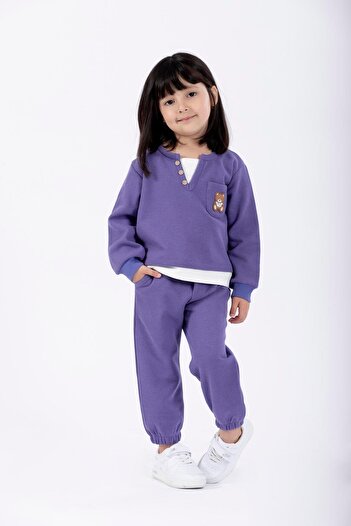 zepkids Purple Colored Crew Neck Long Sleeve Girl's Tracksuit Set with Embroidered Garnish and Elastic Waistband