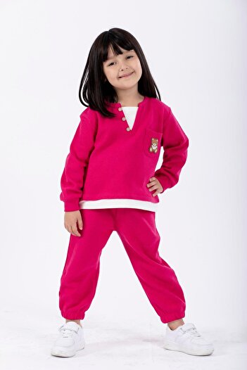 zepkids Fuchsia Colored Girl's Tracksuit Set - Crew Neck, Long Sleeve, Teddy Bear, Embroidered Garnished Waist Paca