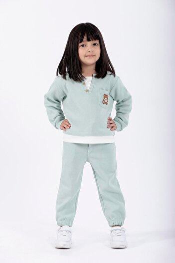 zepkids Mint Colored Girl's Tracksuit Set - Crew Neck, Long Sleeve, Teddy Bear, Embroidered Garnished Waist Paca