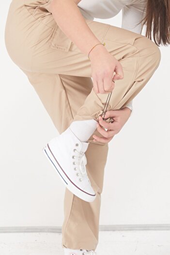 Cansın Mini Krem Kargo Cep Lastikli Paça Kız Paraşüt Pantolon 17598
