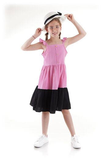 AHENGİM Girl's Summer Dress with Buttons and Hat Ak2516