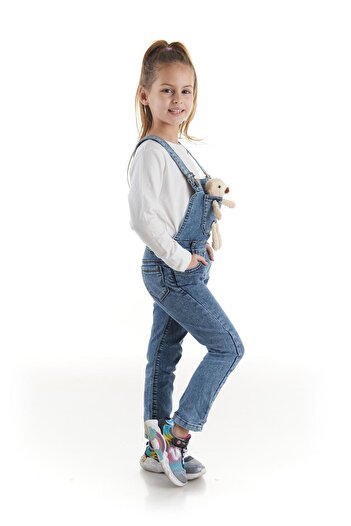 AHENGİM Kids Kız Çocuk Ayıcıklı Jean Slopet Tulum Mevsimlik Likralı Ayarlanabilir Ak2410