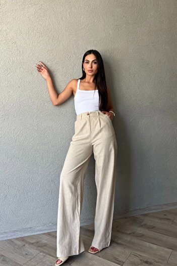 Seda Yalçın Atelier Beige Linen Palazzo Trousers - Raw Color, Wide Leg