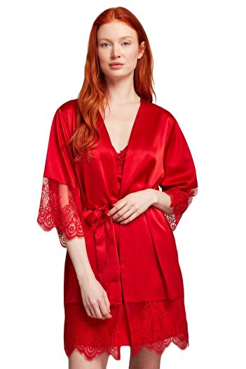 Catherine's Red Satin Combed Cotton Mood Nightgown and Dressing Gown Set - 2007
