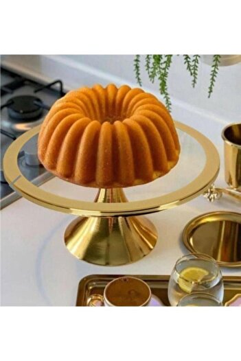 evvehediyelikesya 30cm Round Cake and Pastry Stand - Cake Plate with Gold Rim and Legs