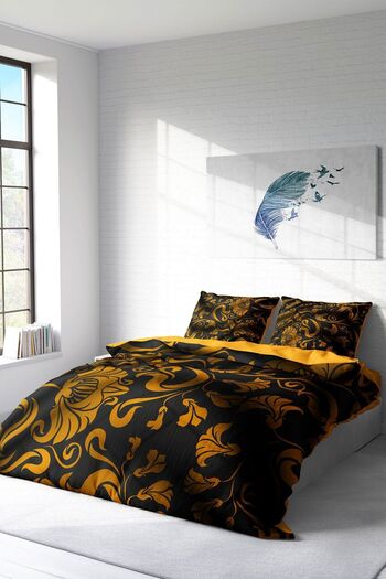 PerlaSera 3D Custom Design - Double Duvet Cover Set, Tightly Woven Cotton Satin, Gold Leaves Classic
