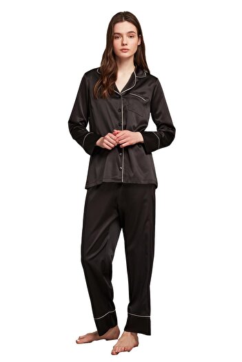 Penyemood Combed Cotton Mood Women's Satin Black Pajama Set