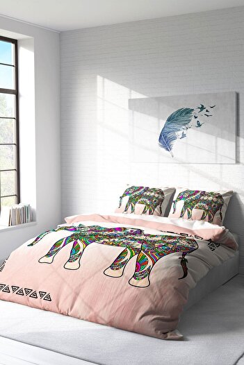 PerlaSera 3D Custom Design - Double Duvet Cover Set, Tightly Woven Cotton Satin, Elephant Natural