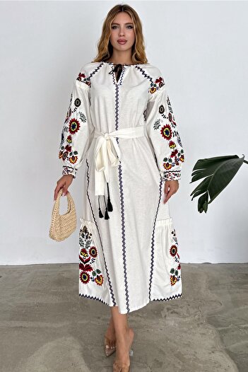 FEMELLE Embroidered and Tasseled Women's Dress - Belted Waist Design