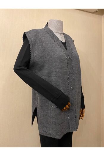TEK Anthracite Colored Stylish Patterned Beaded Mother Vest - Pearl Detailed