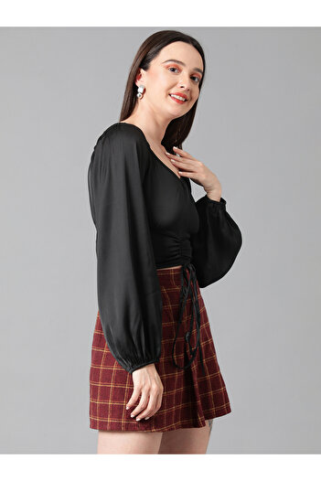 Kotty By Styli Solid Ruched Satin Full Sleeves Top