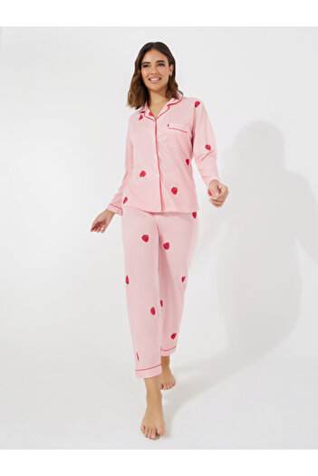 Take Two By Styli Strawberry Print Pocket Detail Shirt & Pyjama Set