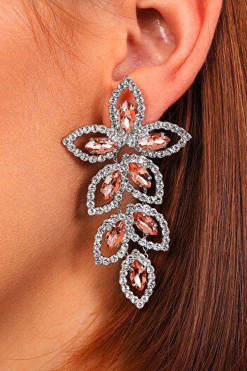 Furtek Aksesuar Women's Rose Necklace Leaf Model Silver Zircon Stone Diamond Long Evening Dress Wedding Engagement Party Earrings