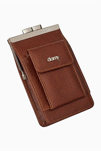DAMY Genuine Leather Long Short Slim Cigarette Bag - Cigarette Holder and Case Brown K702