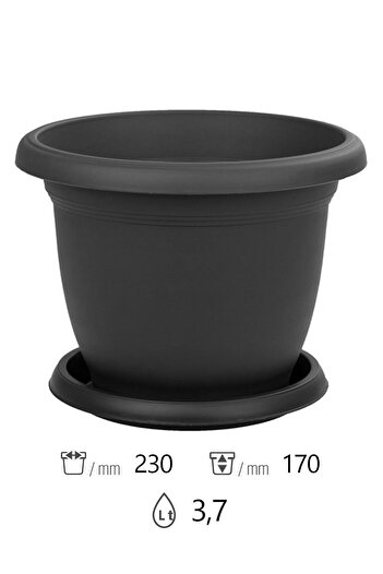 ToXA 4 Adet Villa No5 Saksı Seti 3,7 Litre Antrasit 23cm Drenajlı Tabaklı Mat Plastik Yuvarlak Saksı