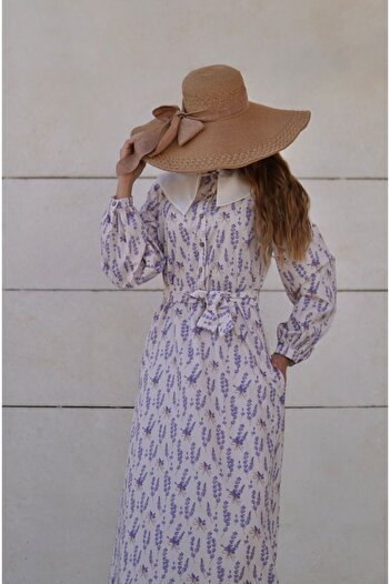 Launes Vintage Pocketed Buttoned Lavender Patterned Beige Fairytale Dress with Collar Detail