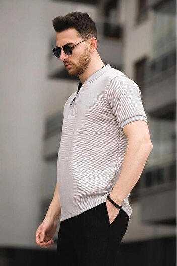 Oksit Fabre Honeycomb Pattern Zippered College Collar Men's Tshirt