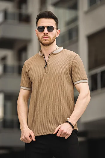 Oksit Fabre Honeycomb Pattern Zippered College Collar Men's Tshirt