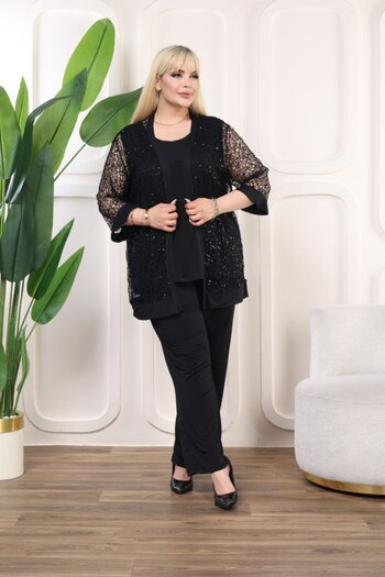 vividbutik Plus Size Lace 3 Piece Set - Cardigan, Inner Blouse and Pants