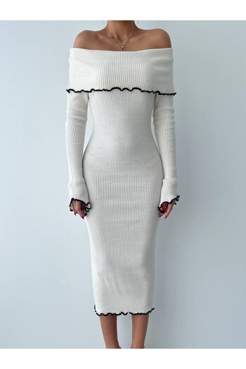 Julidress Premium Midi Size Cream Μπεζ πλεκτό φόρεμα - με γιακά Madonna και λεπτομέρεια με ριγέ ριγέ