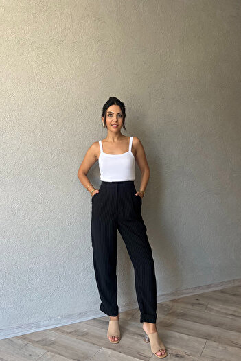 Seda Yalçın Atelier Black Striped Trousers with Layered Legs