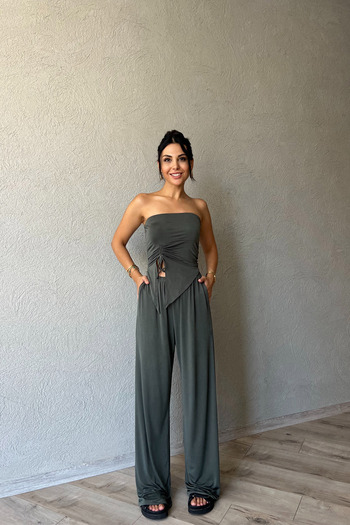 Seda Yalçın Atelier Light Khaki Blouse and Loose Trousers Set - Drawstring Detail