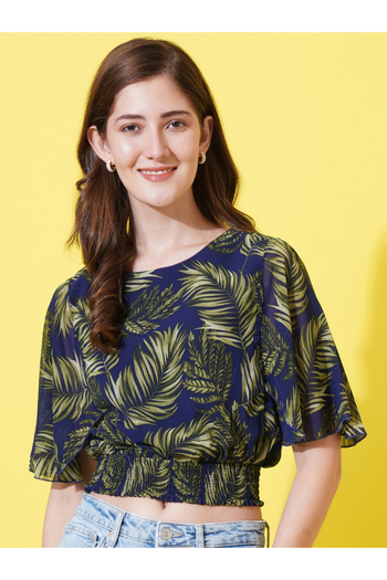 U&F By Styli Tropical Print Crop Top with Tie-Back