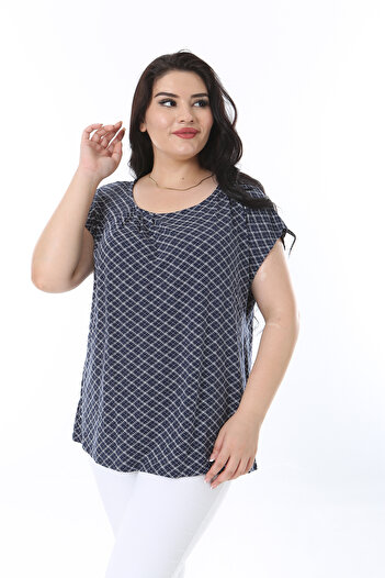 Şans Navy Collar Women's Pleated Blouse - Low Sleeve, Plus Size 65n38212