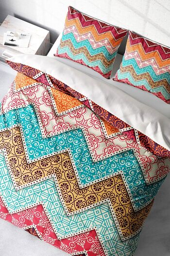 PerlaSera 3D Custom Design - Double Zigzag Motif Duvet Cover Set, Tight Woven Cotton Satin