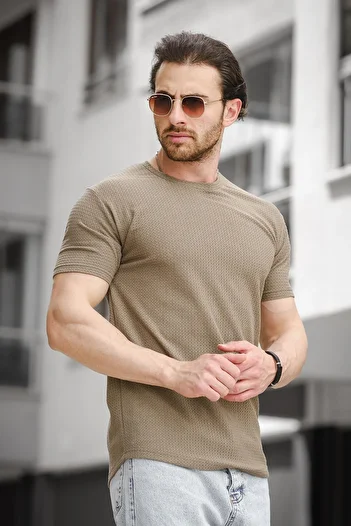 Oksit Ft 2454 Knitted Patterned Crew Neck Lycra Slim Fit Men's T-shirt