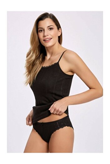 Tutku 2 Pieces Black Color Jacquard Rope Suspended Undershirt
