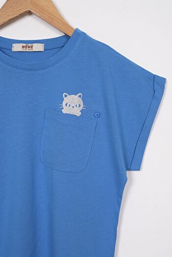 zepkids Indigo Colorful Crew Neck T-Shirt για κορίτσι - Λεπτομέρεια τσέπης και στάμπα γάτας