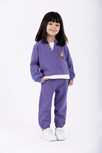 zepkids Purple Colored Crew Neck Long Sleeve Girl's Tracksuit Set with Embroidered Garnish and Elastic Waistband
