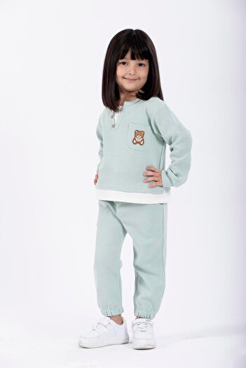 zepkids Mint Colored Girl's Tracksuit Set - Crew Neck, Long Sleeve, Teddy Bear, Embroidered Garnished Waist Paca