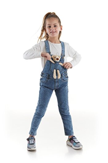 AHENGİM Kids Kız Çocuk Ayıcıklı Jean Slopet Tulum Mevsimlik Likralı Ayarlanabilir Ak2410