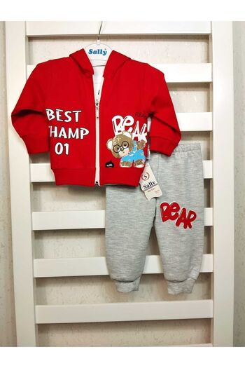 sally baby 2-thread Seasonal 3-Piece Set, Bear Pattern, Text, Zipper, Hooded, Bottoming Top Set, Tracksuit Set