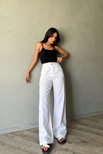 Seda Yalçın Atelier Raw Linen White Palazzo Trousers - Wide Leg