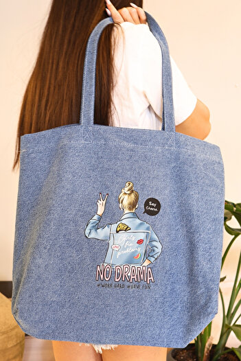 ICONE BAG Bez Kadın Çantası, Geniş Hacimli, Kot&Denim Kız Baskılı El ve Omuz Bez Çanta
