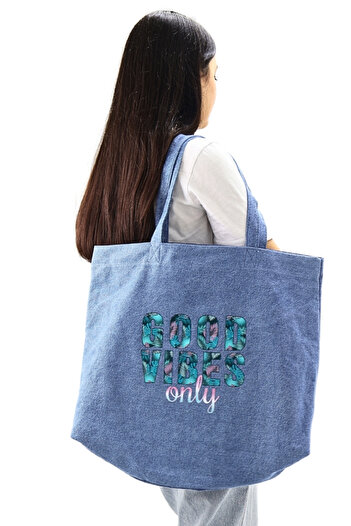 ICONE BAG Bez Kadın Çantası, Geniş Hacimli, Kot & Denim El ve Omuz Bez Çanta